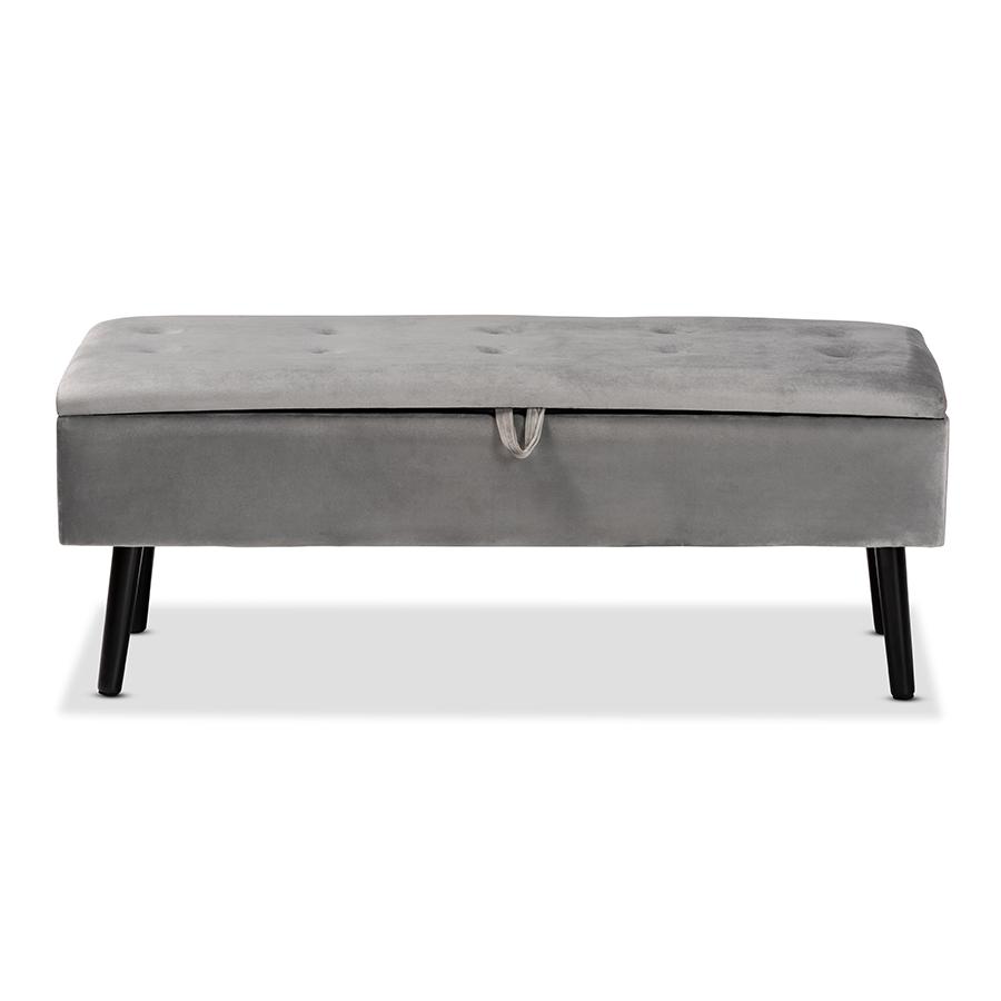Grey Velvet Fabric Upholstered and Dark Brown Finished Wood Storage Bench. Picture 3