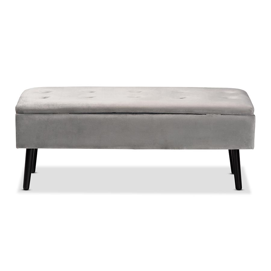 Grey Velvet Fabric Upholstered and Dark Brown Finished Wood Storage Bench. Picture 5