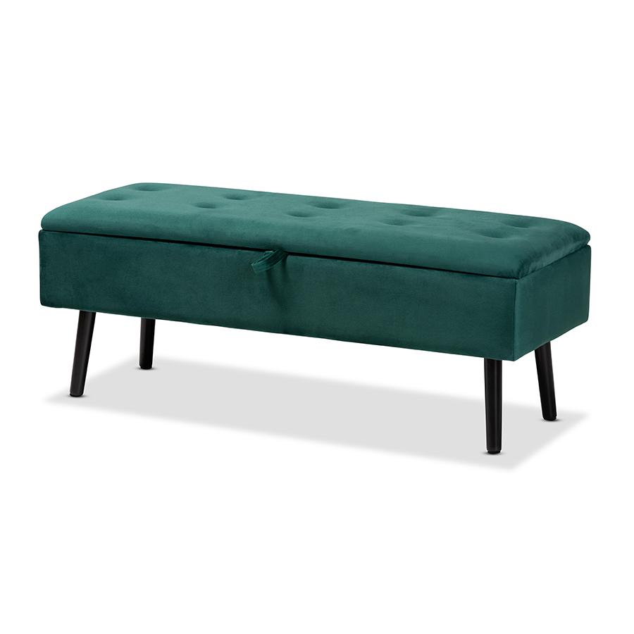 Green Velvet Fabric Upholstered and Dark Brown Finished Wood Storage Bench. Picture 1