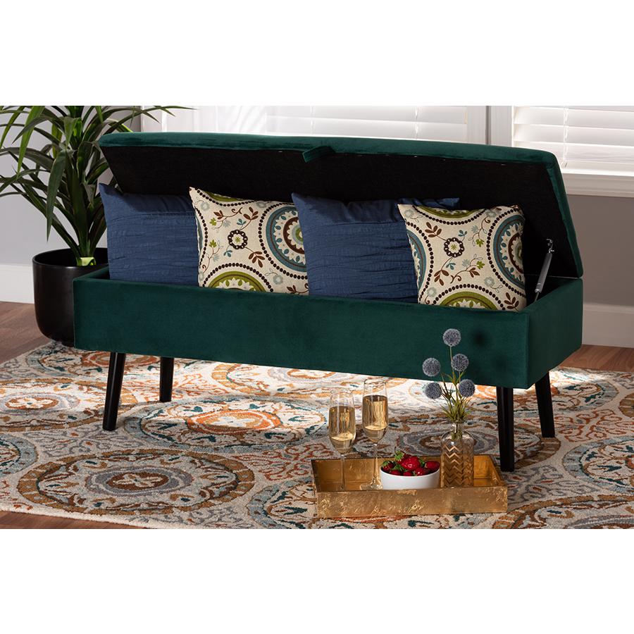 Green Velvet Fabric Upholstered and Dark Brown Finished Wood Storage Bench. Picture 10