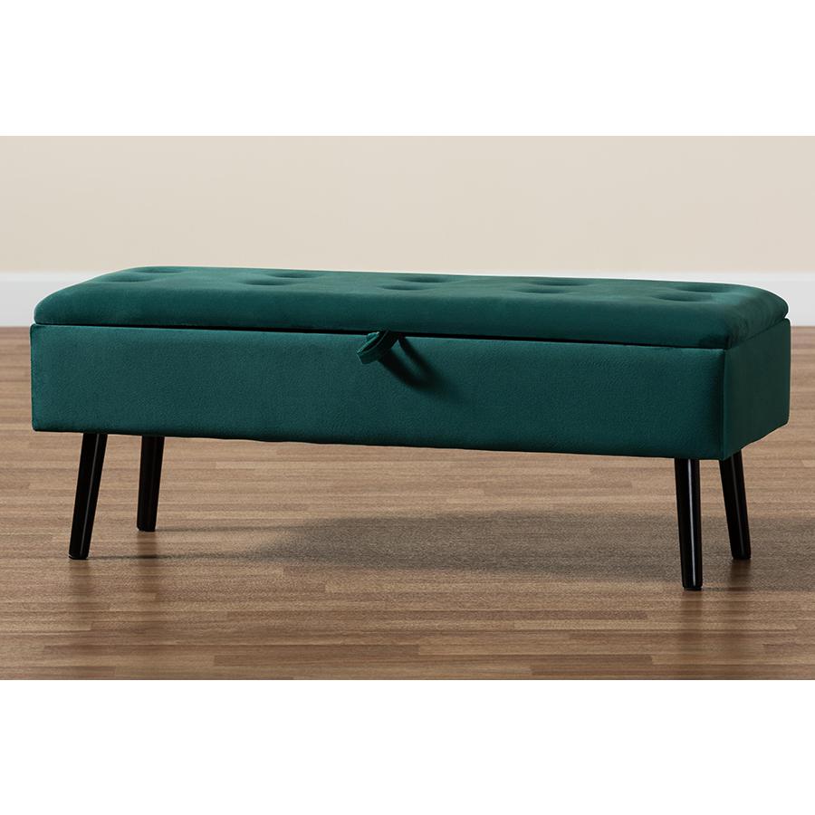 Green Velvet Fabric Upholstered and Dark Brown Finished Wood Storage Bench. Picture 11