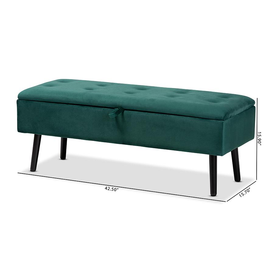 Green Velvet Fabric Upholstered and Dark Brown Finished Wood Storage Bench. Picture 12