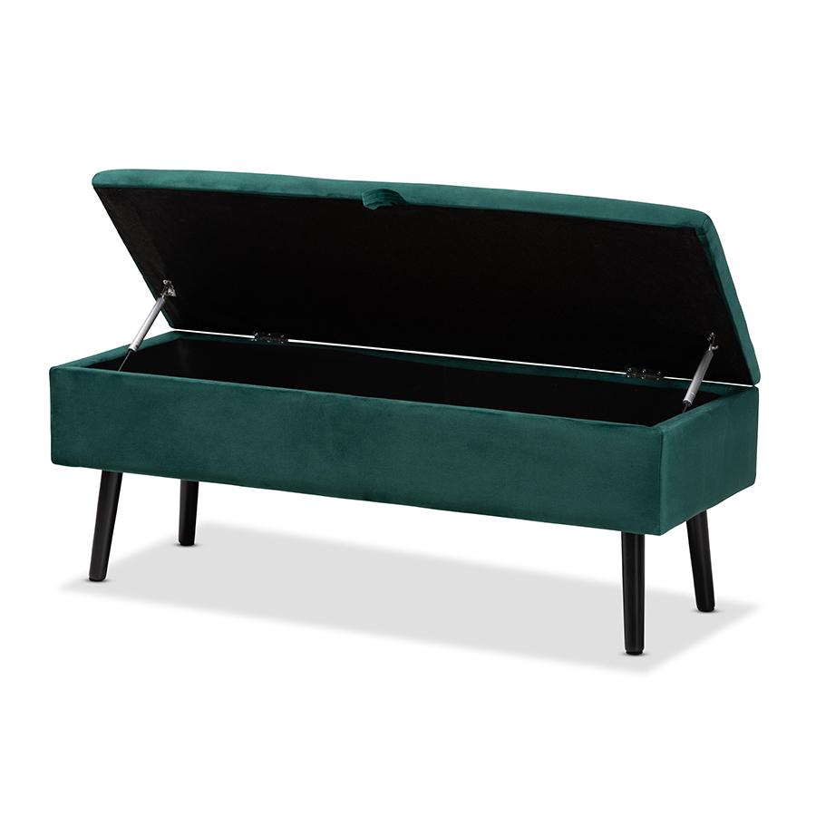 Green Velvet Fabric Upholstered and Dark Brown Finished Wood Storage Bench. Picture 2