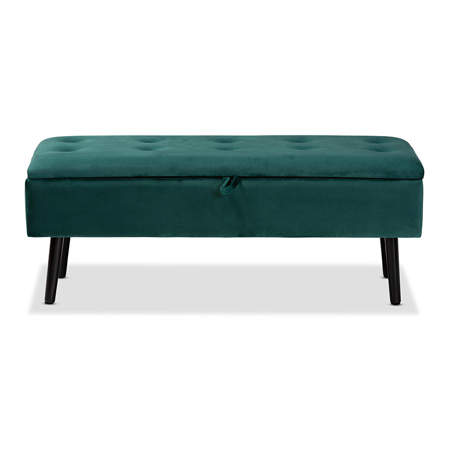 Green Velvet Fabric Upholstered and Dark Brown Finished Wood Storage Bench. Picture 3