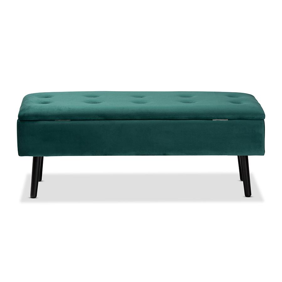 Green Velvet Fabric Upholstered and Dark Brown Finished Wood Storage Bench. Picture 5