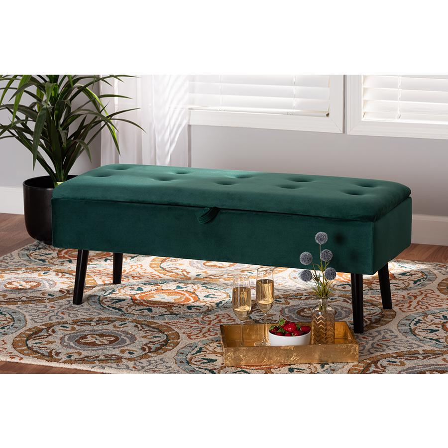 Green Velvet Fabric Upholstered and Dark Brown Finished Wood Storage Bench. Picture 9
