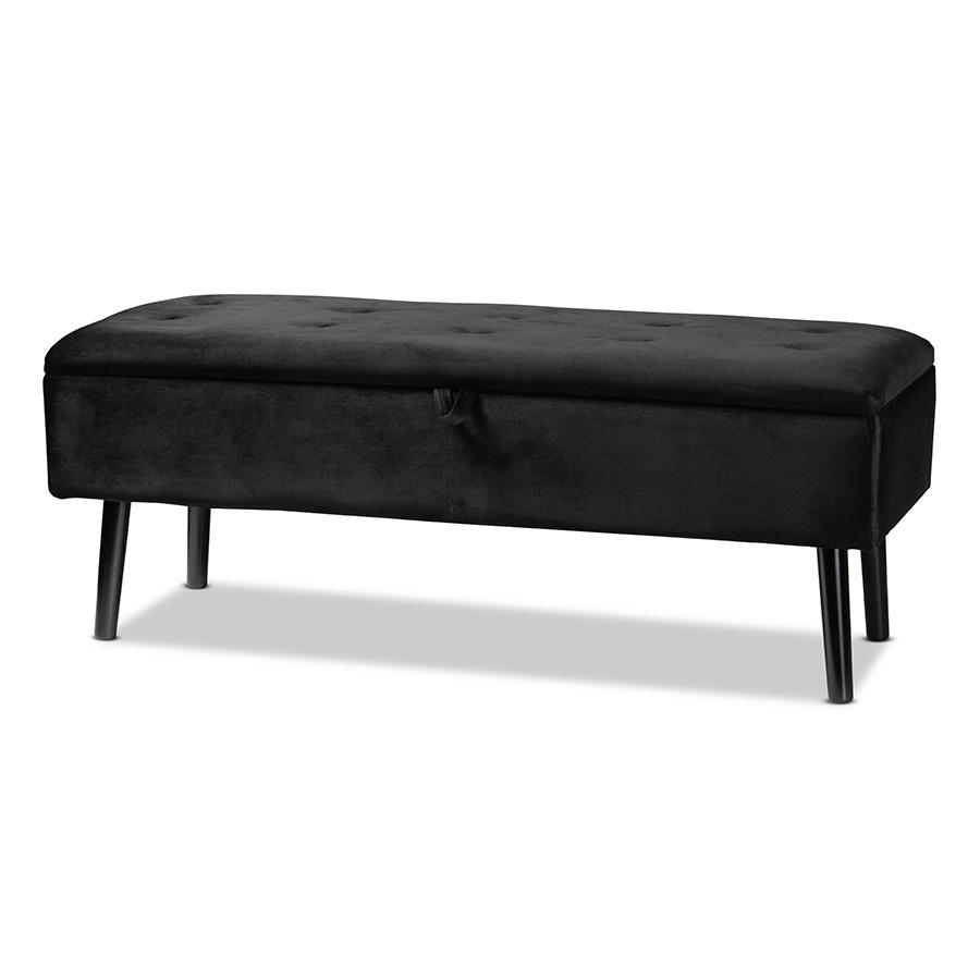 Black Velvet Fabric Upholstered and Dark Brown Finished Wood Storage Bench. Picture 1