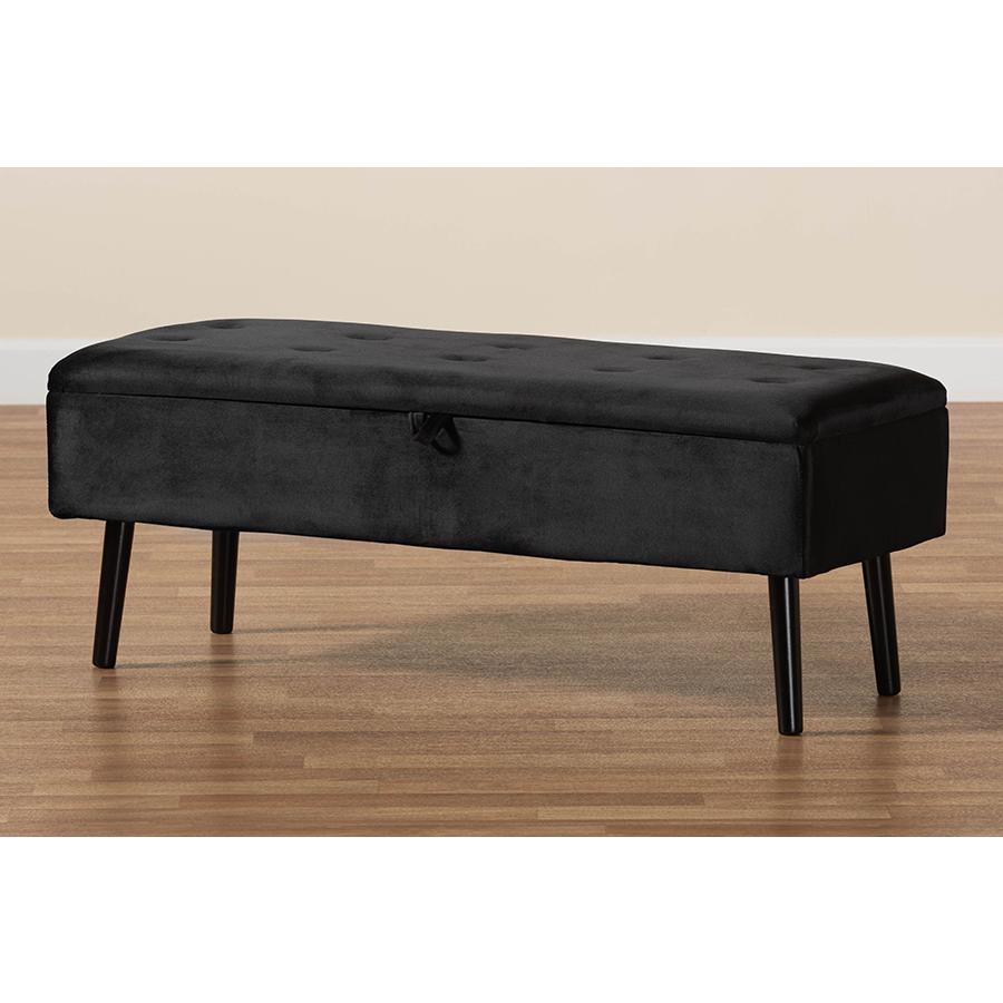 Black Velvet Fabric Upholstered and Dark Brown Finished Wood Storage Bench. Picture 11