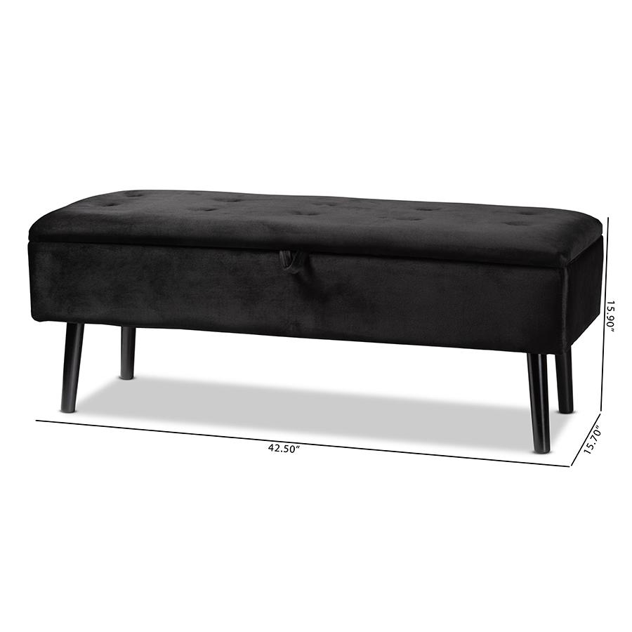 Black Velvet Fabric Upholstered and Dark Brown Finished Wood Storage Bench. Picture 12