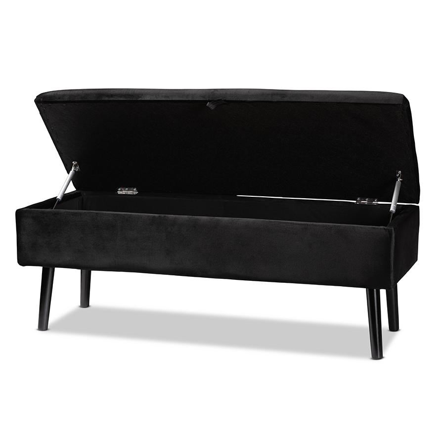 Black Velvet Fabric Upholstered and Dark Brown Finished Wood Storage Bench. Picture 2
