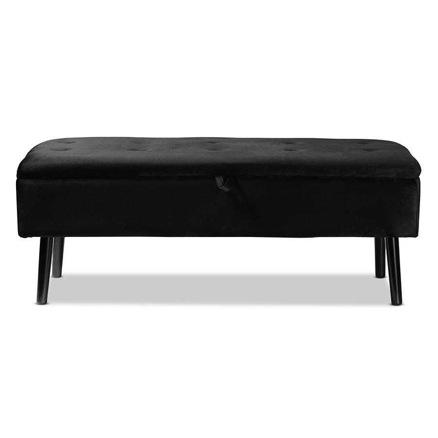 Black Velvet Fabric Upholstered and Dark Brown Finished Wood Storage Bench. Picture 3