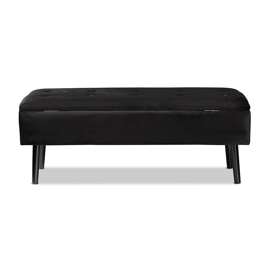 Black Velvet Fabric Upholstered and Dark Brown Finished Wood Storage Bench. Picture 5