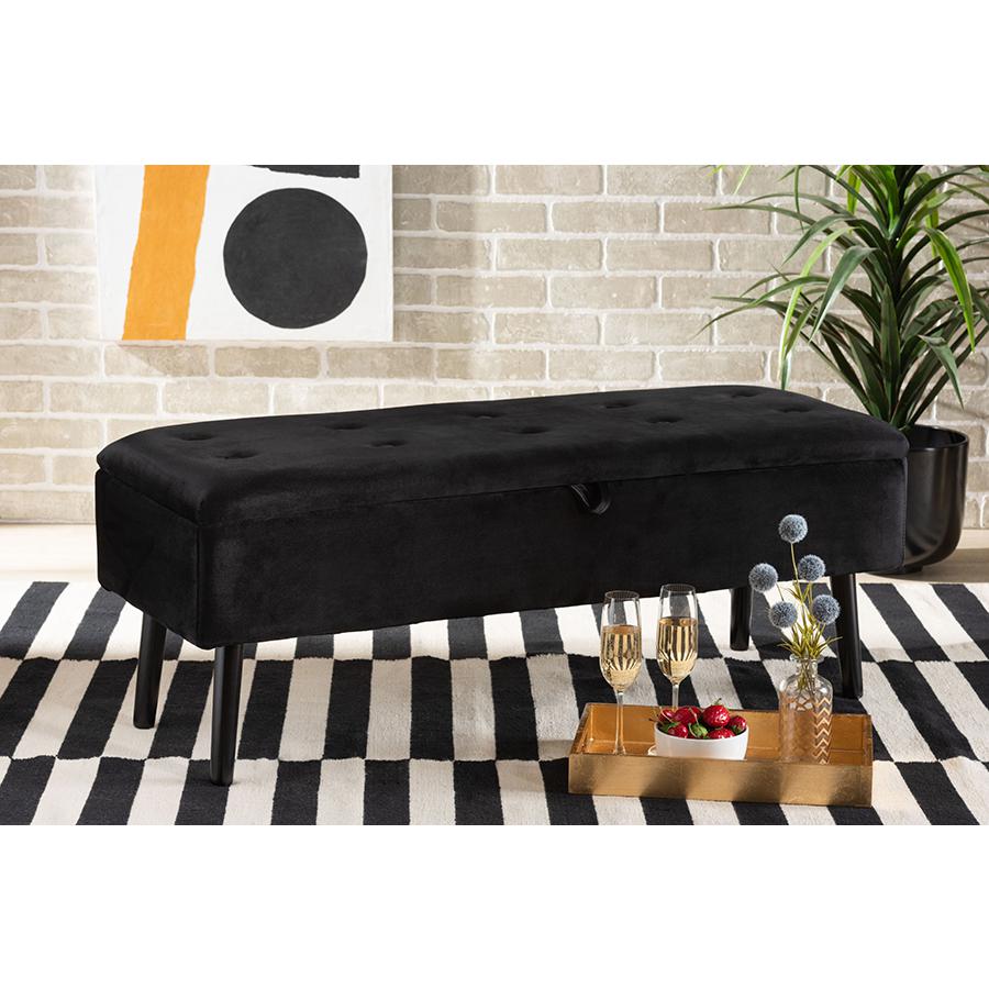 Black Velvet Fabric Upholstered and Dark Brown Finished Wood Storage Bench. Picture 9