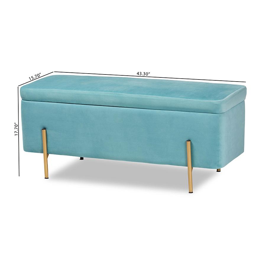 Baxton Studio Rockwell Contemporary Glam and Luxe Sky Blue Velvet Fabric Upholstered and Gold Finished Metal Storage Bench. Picture 11