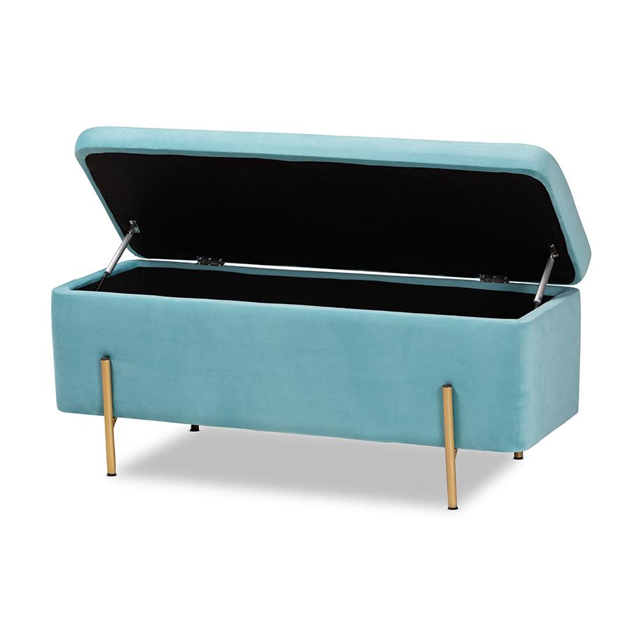 Baxton Studio Rockwell Contemporary Glam and Luxe Sky Blue Velvet Fabric Upholstered and Gold Finished Metal Storage Bench. Picture 2