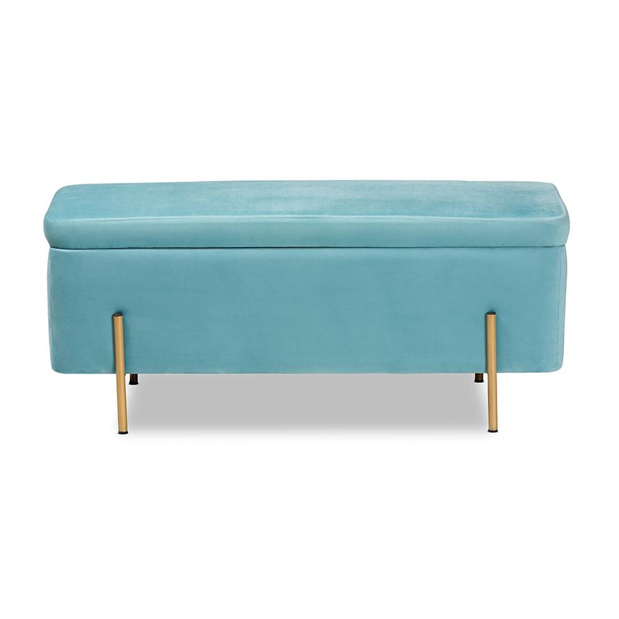 Baxton Studio Rockwell Contemporary Glam and Luxe Sky Blue Velvet Fabric Upholstered and Gold Finished Metal Storage Bench. Picture 3