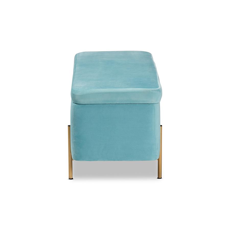 Baxton Studio Rockwell Contemporary Glam and Luxe Sky Blue Velvet Fabric Upholstered and Gold Finished Metal Storage Bench. Picture 4