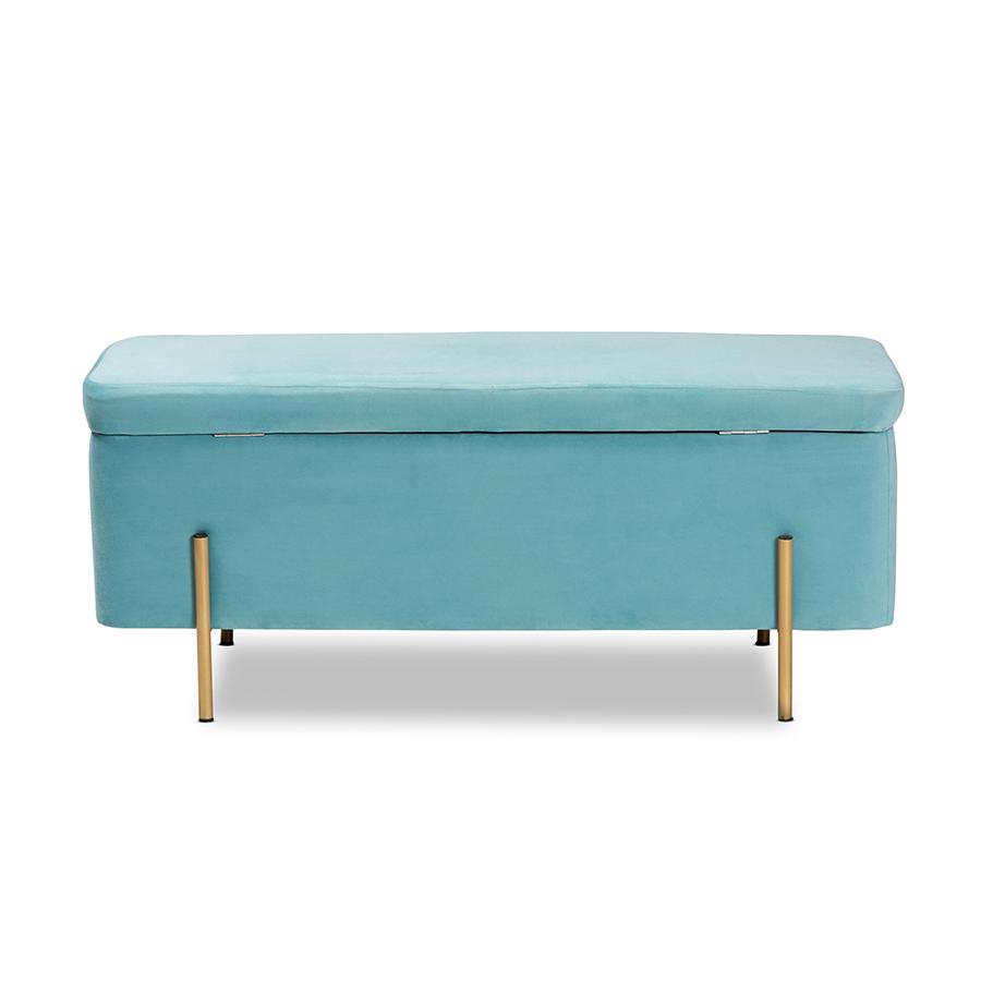 Baxton Studio Rockwell Contemporary Glam and Luxe Sky Blue Velvet Fabric Upholstered and Gold Finished Metal Storage Bench. Picture 5