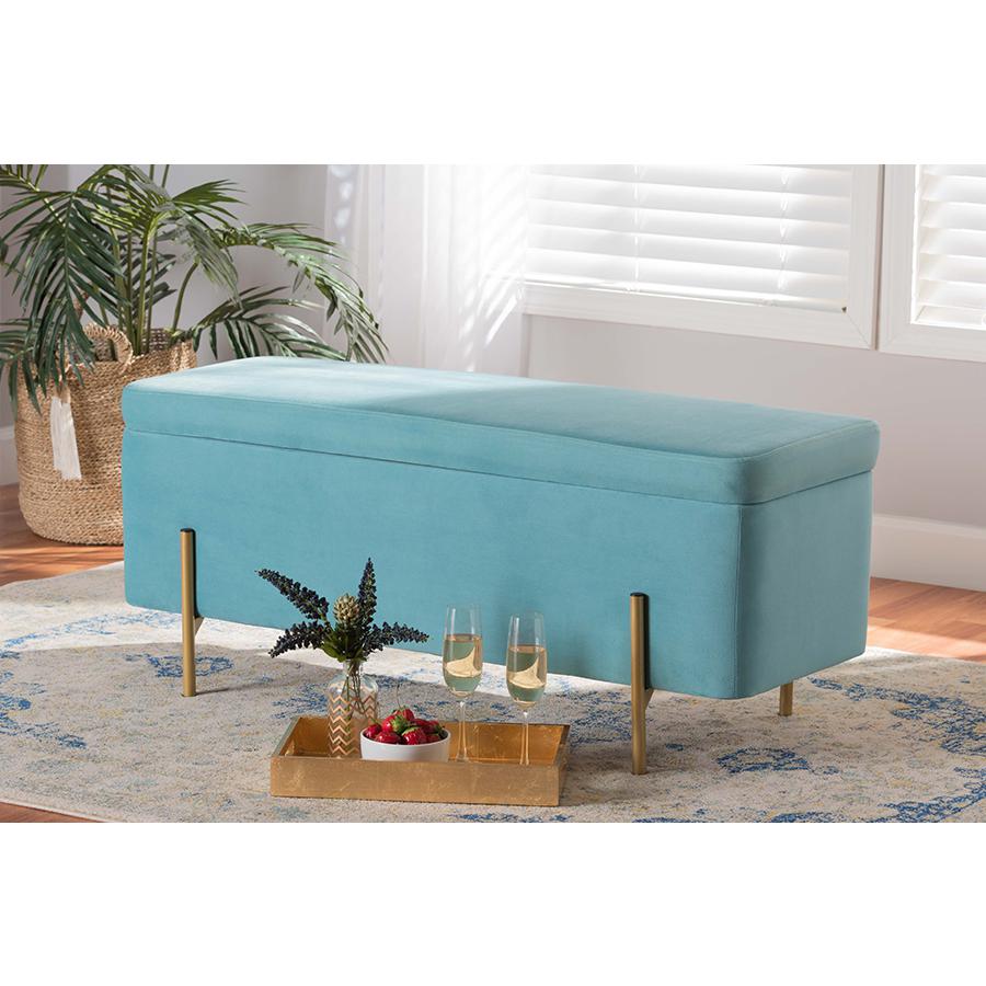 Baxton Studio Rockwell Contemporary Glam and Luxe Sky Blue Velvet Fabric Upholstered and Gold Finished Metal Storage Bench. Picture 8
