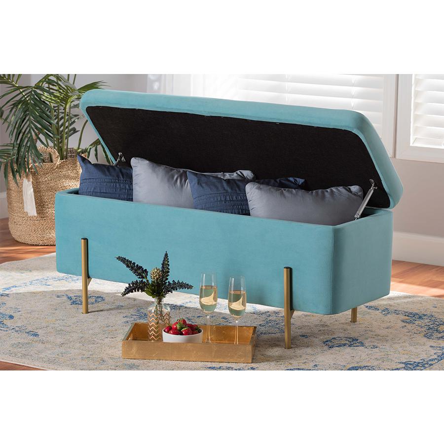 Baxton Studio Rockwell Contemporary Glam and Luxe Sky Blue Velvet Fabric Upholstered and Gold Finished Metal Storage Bench. Picture 9