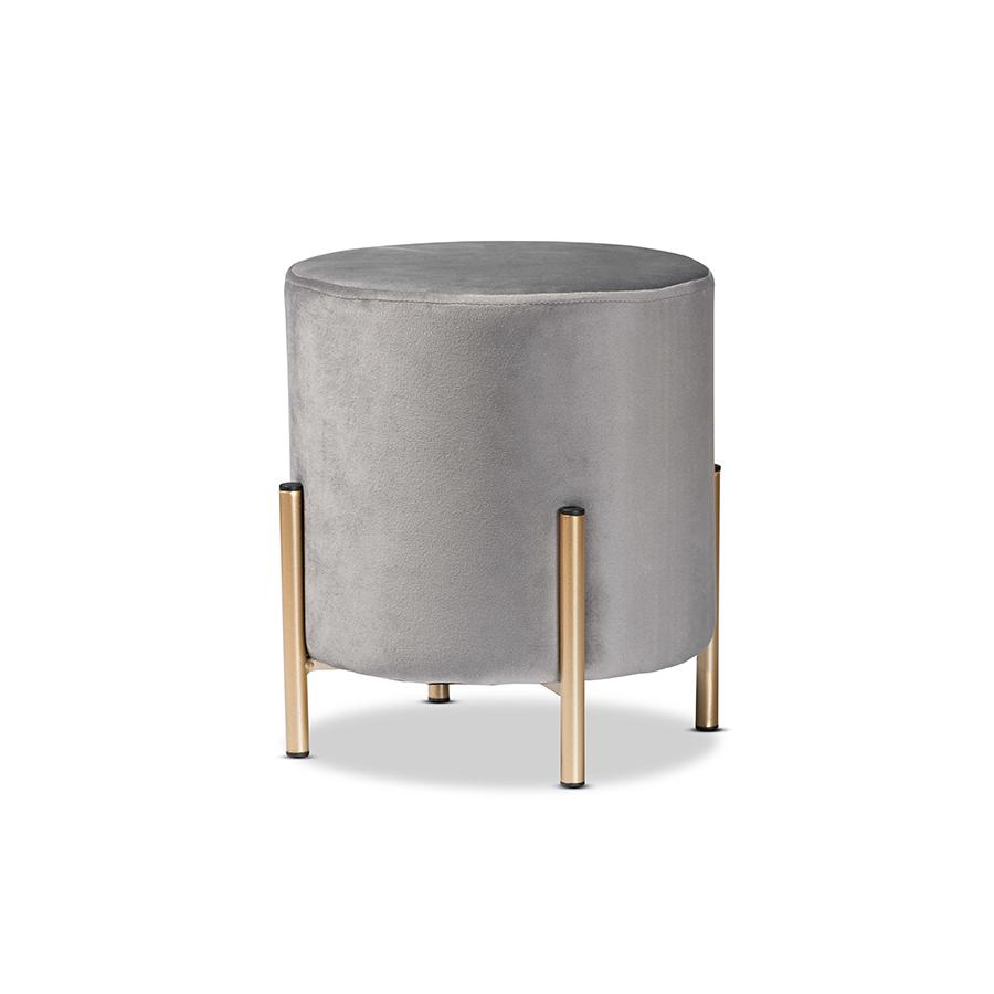 Glam and Luxe Grey Velvet Fabric Upholstered and Gold Finished Metal Ottoman. Picture 1