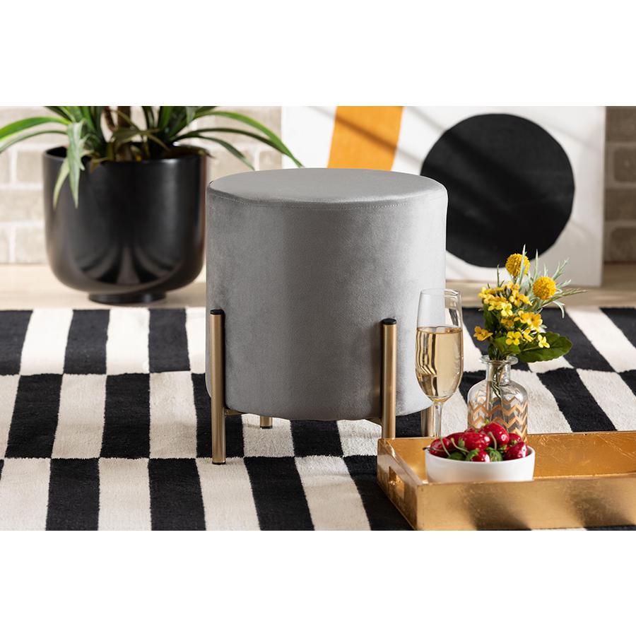 Glam and Luxe Grey Velvet Fabric Upholstered and Gold Finished Metal Ottoman. Picture 6