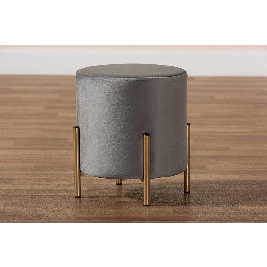Glam and Luxe Grey Velvet Fabric Upholstered and Gold Finished Metal Ottoman. Picture 7