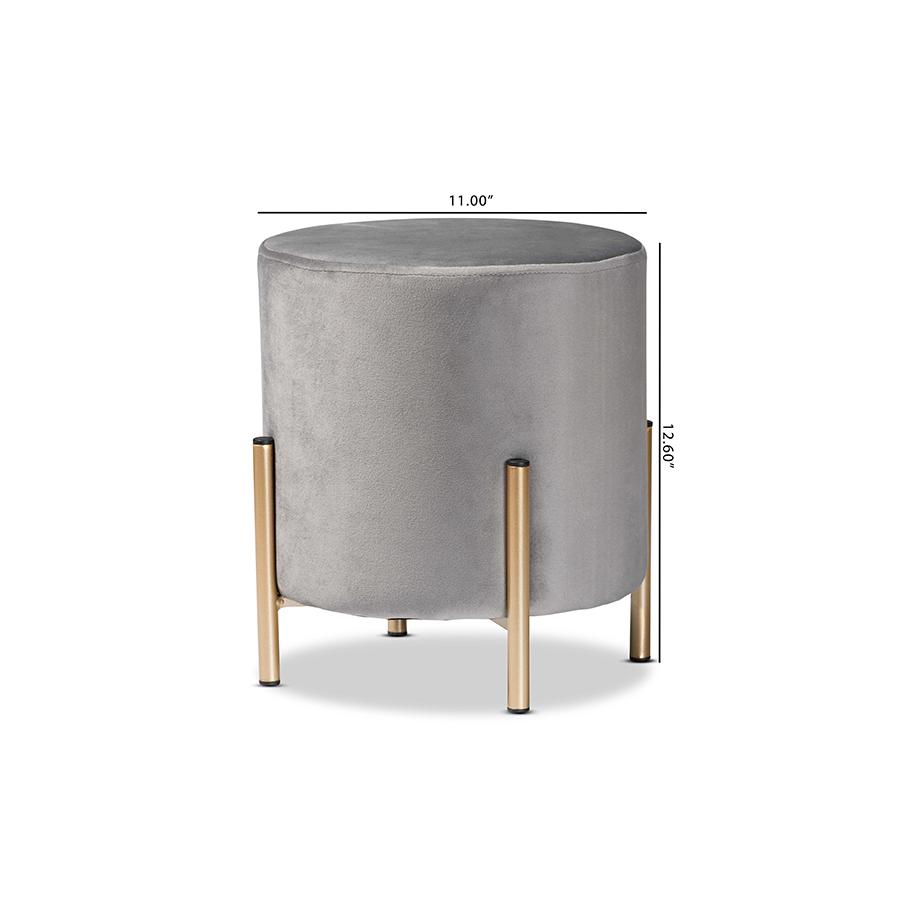 Glam and Luxe Grey Velvet Fabric Upholstered and Gold Finished Metal Ottoman. Picture 8