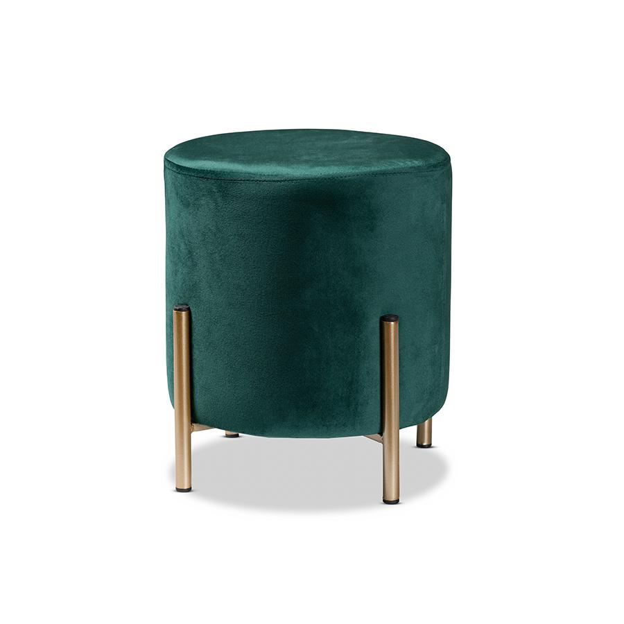 Glam and Luxe Green Velvet Fabric Upholstered and Gold Finished Metal Ottoman. Picture 1