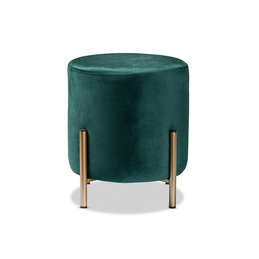 Glam and Luxe Green Velvet Fabric Upholstered and Gold Finished Metal Ottoman. Picture 2