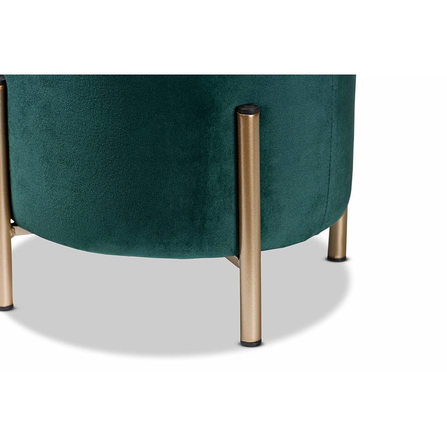 Glam and Luxe Green Velvet Fabric Upholstered and Gold Finished Metal Ottoman. Picture 3