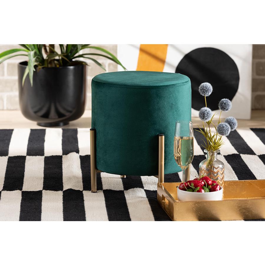 Glam and Luxe Green Velvet Fabric Upholstered and Gold Finished Metal Ottoman. Picture 6