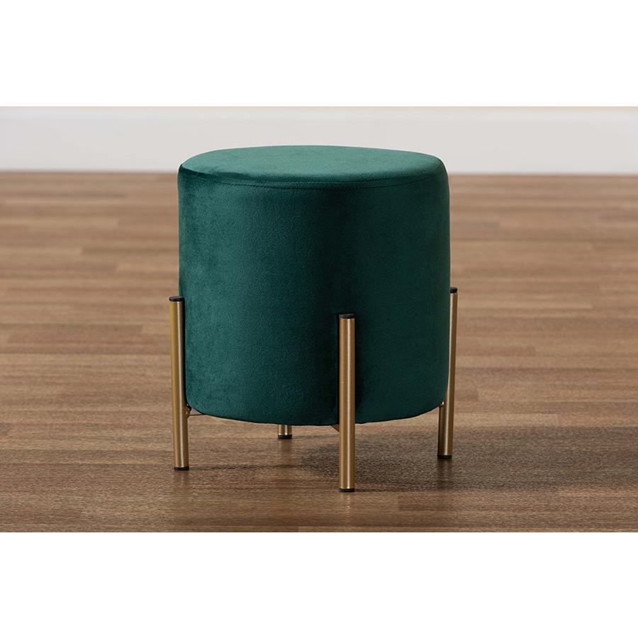 Glam and Luxe Green Velvet Fabric Upholstered and Gold Finished Metal Ottoman. Picture 7
