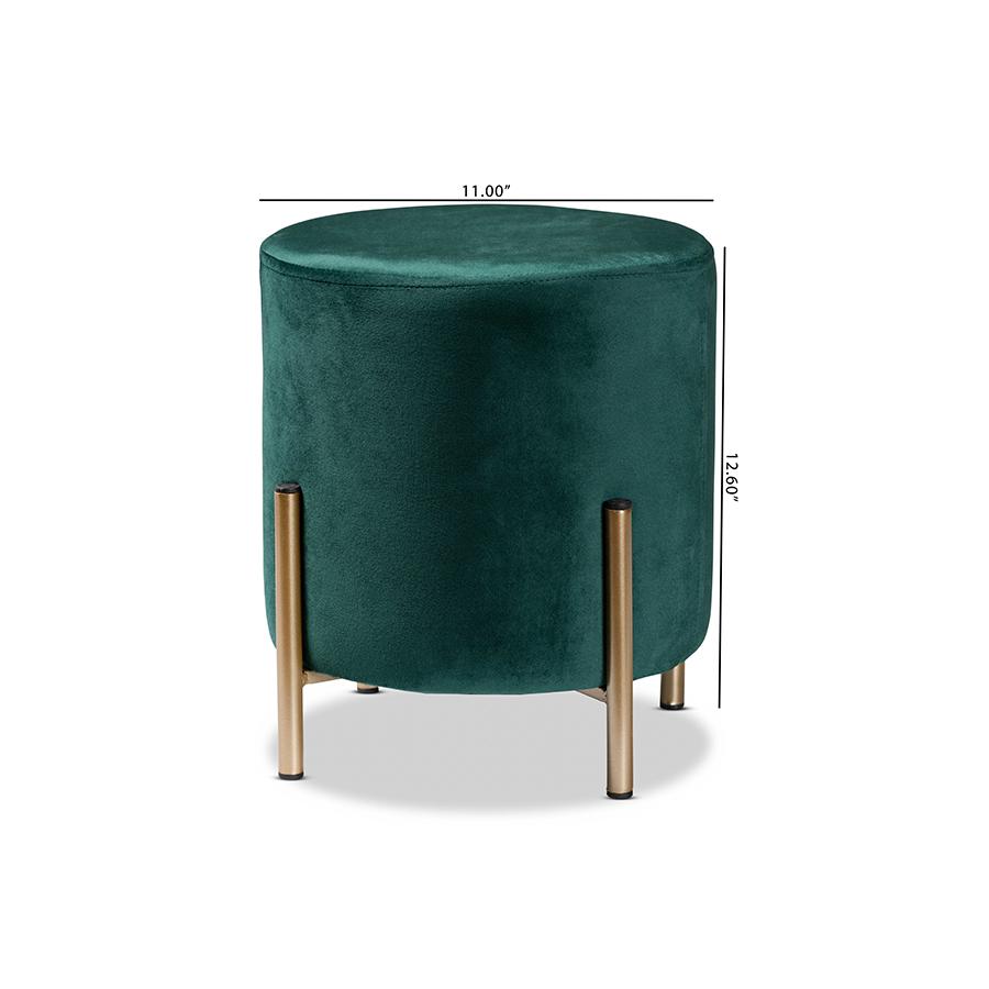 Glam and Luxe Green Velvet Fabric Upholstered and Gold Finished Metal Ottoman. Picture 8