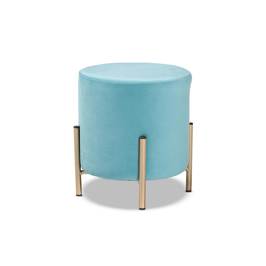 Glam and Luxe Sky Blue Velvet Fabric Upholstered and Gold Finished Metal Ottoman. Picture 1