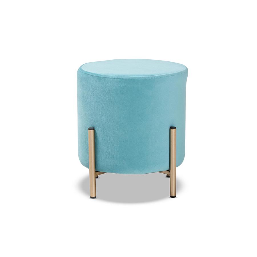 Glam and Luxe Sky Blue Velvet Fabric Upholstered and Gold Finished Metal Ottoman. Picture 2