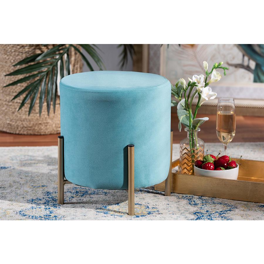 Glam and Luxe Sky Blue Velvet Fabric Upholstered and Gold Finished Metal Ottoman. Picture 6