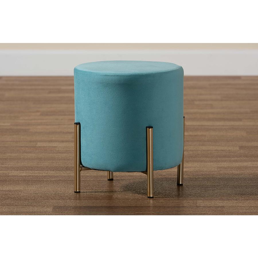 Glam and Luxe Sky Blue Velvet Fabric Upholstered and Gold Finished Metal Ottoman. Picture 7