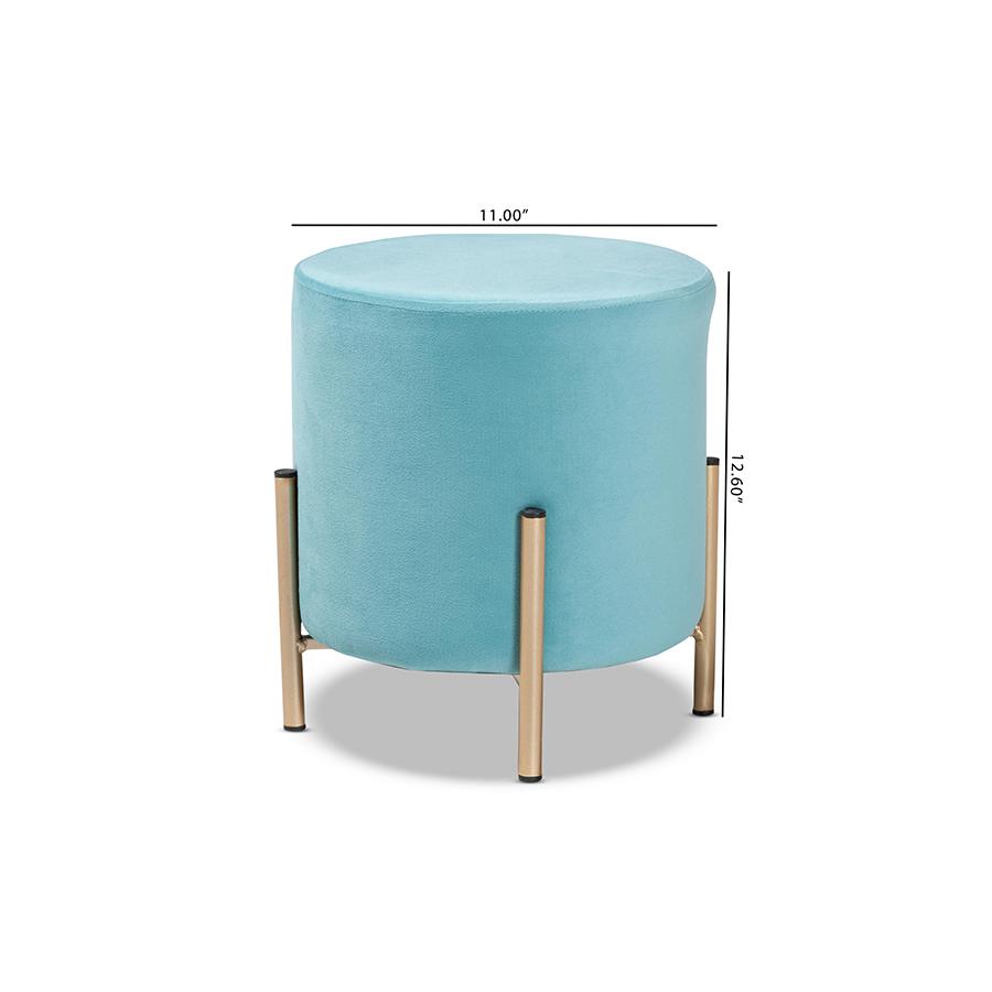 Glam and Luxe Sky Blue Velvet Fabric Upholstered and Gold Finished Metal Ottoman. Picture 8