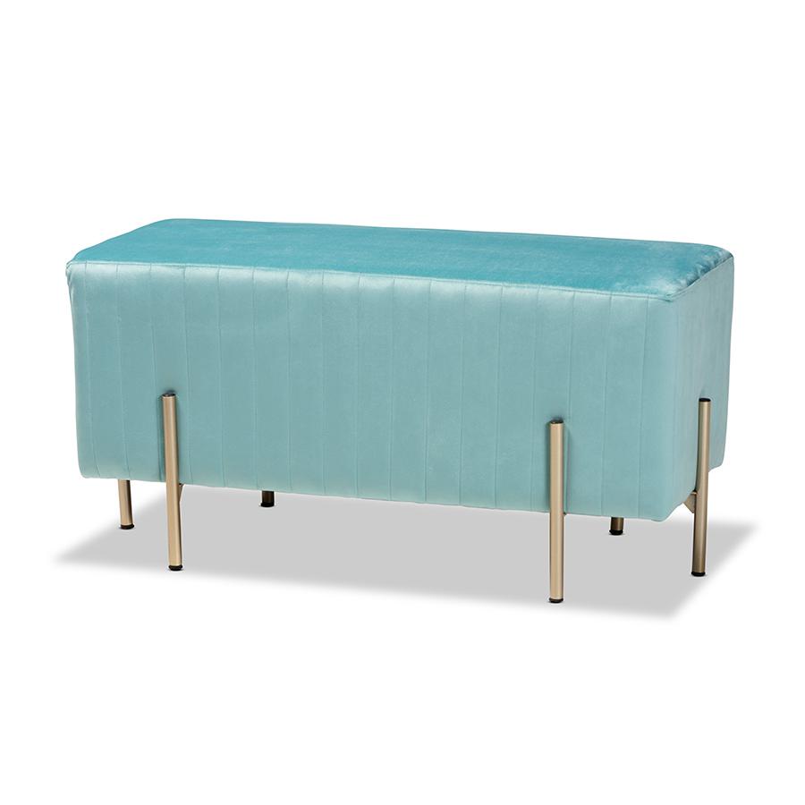Baxton Studio Helaine Contemporary Glam and Luxe Sky Blue Fabric Upholstered and Gold Metal Bench Ottoman. The main picture.