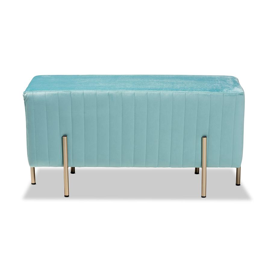 Baxton Studio Helaine Contemporary Glam and Luxe Sky Blue Fabric Upholstered and Gold Metal Bench Ottoman. Picture 2