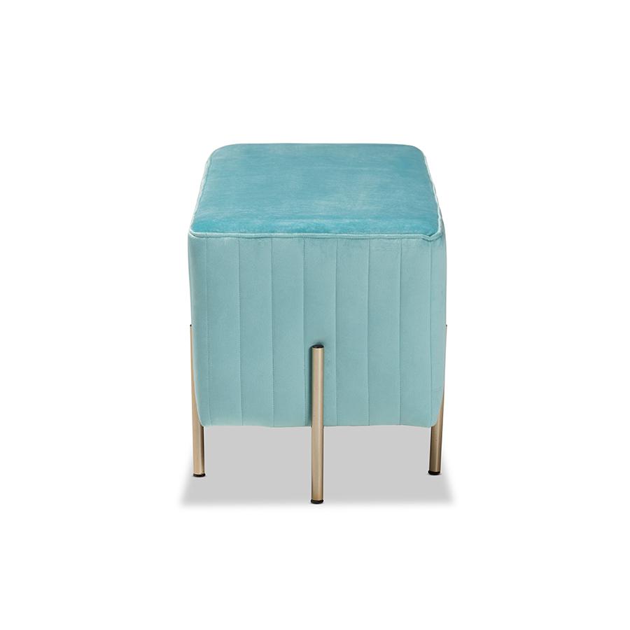 Baxton Studio Helaine Contemporary Glam and Luxe Sky Blue Fabric Upholstered and Gold Metal Bench Ottoman. Picture 3