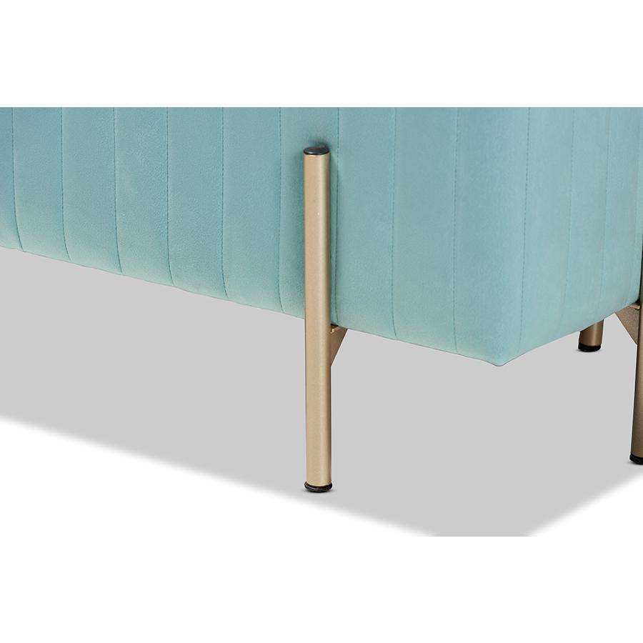 Baxton Studio Helaine Contemporary Glam and Luxe Sky Blue Fabric Upholstered and Gold Metal Bench Ottoman. Picture 4