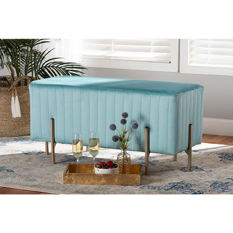 Baxton Studio Helaine Contemporary Glam and Luxe Sky Blue Fabric Upholstered and Gold Metal Bench Ottoman. Picture 6