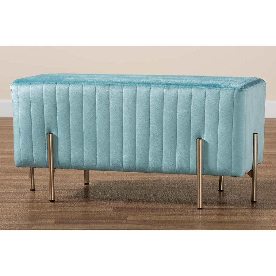 Baxton Studio Helaine Contemporary Glam and Luxe Sky Blue Fabric Upholstered and Gold Metal Bench Ottoman. Picture 7