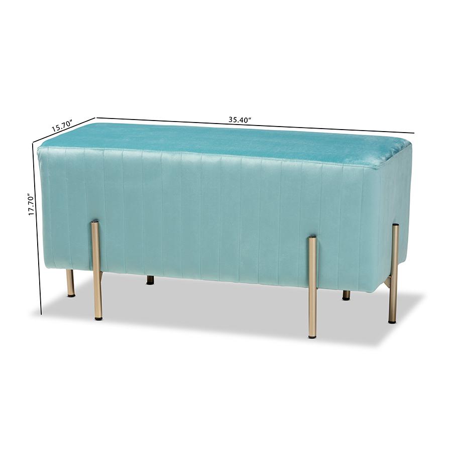 Baxton Studio Helaine Contemporary Glam and Luxe Sky Blue Fabric Upholstered and Gold Metal Bench Ottoman. Picture 8