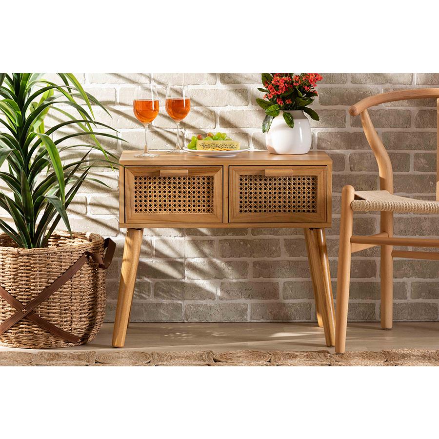 Oak Brown Finished Wood 2-Drawer Console Table with Rattan. Picture 8