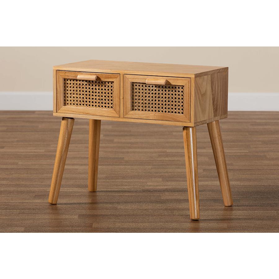 Oak Brown Finished Wood 2-Drawer Console Table with Rattan. Picture 9