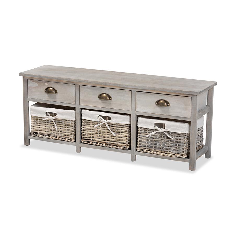 Light Grey Finished Wood 3-Drawer Storage Bench with Baskets. Picture 1