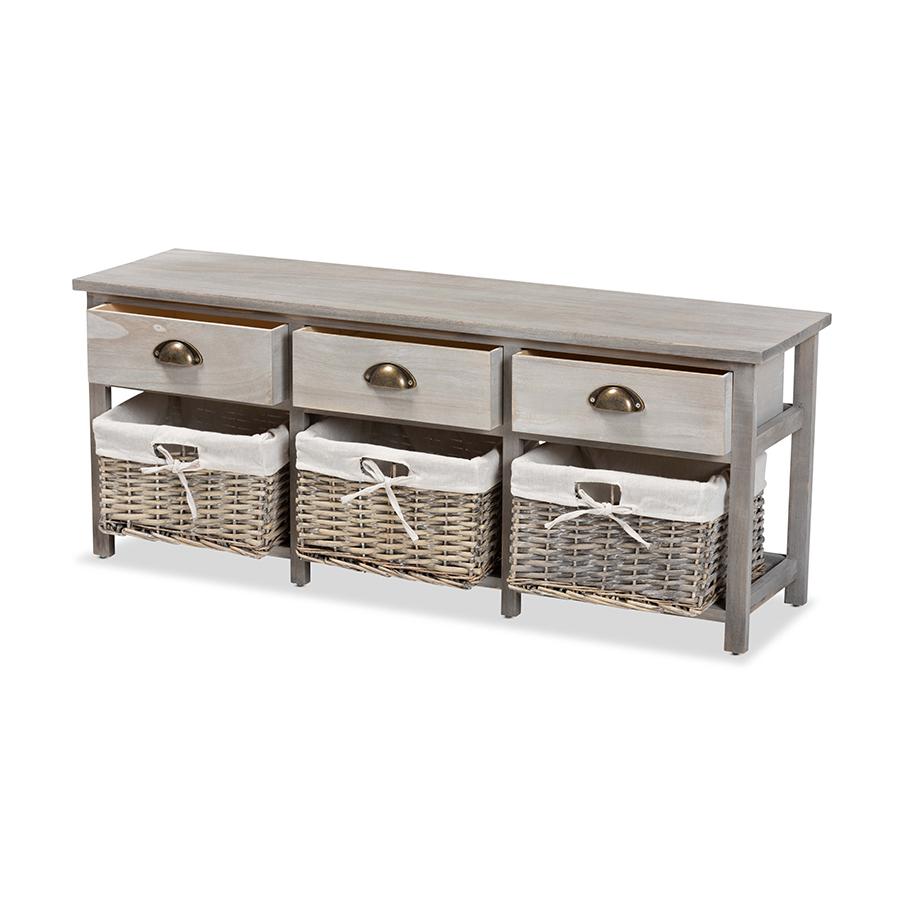 Light Grey Finished Wood 3-Drawer Storage Bench with Baskets. Picture 2